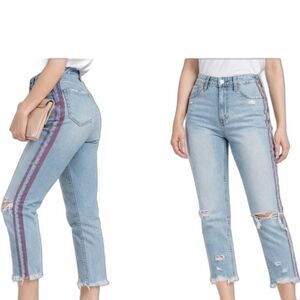 Abercrombie & Fitch High Rise Girlfriend Jeans Light Wash Stripe Distressed 24